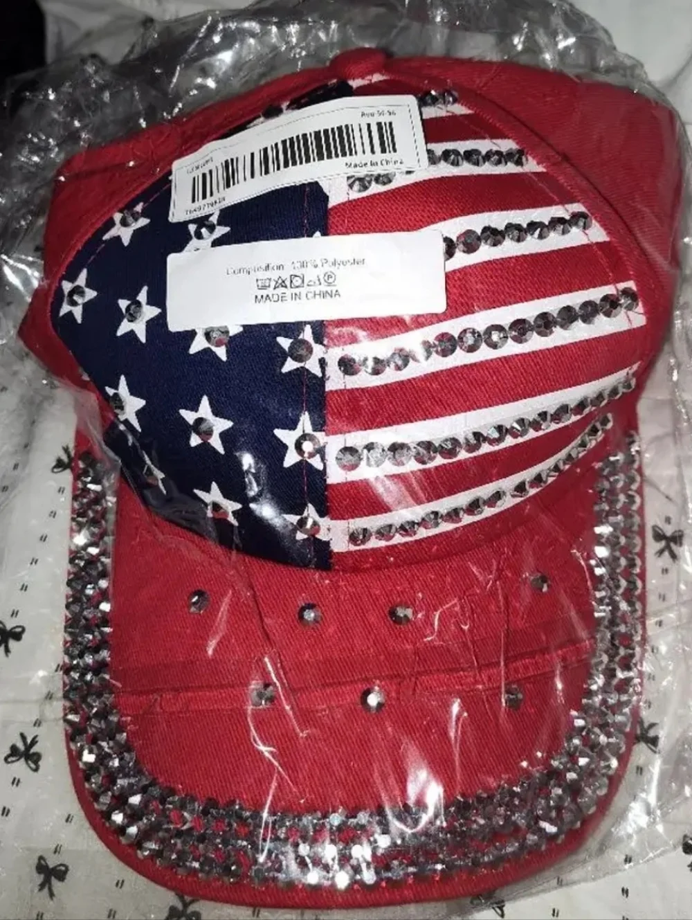 Unisex American Flag Rhinestone Baseball Cap - Red Blue & White